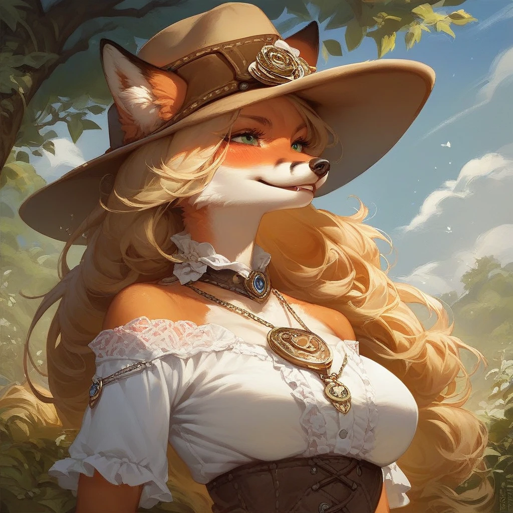 beautiful and detailed portrait 1 solo, (((female))) female anthro-fox, kenket, Ross Tran,Ruan Jia, ((fox ears)),((fox tail)),((orange skin)),((cute)),large breasts, cleavage,((long blonde hair)) leaning forward, arousal, rear vision, ((green eyes)), (((average ass)), (((large curved thighs)), sexy smile facial expression, background of a grove, very detailed, attention to detail, hi res, high resolution, (( sun hat)), (( short white dress )))), (((lacy white panties)))), ((((high lacy white socks)))), (((tail should be shown)))
