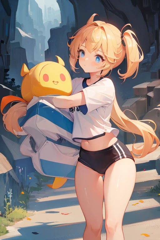 Background is in a dark cave、Beautiful girl wearing black high leg lacing bloomers、chiquita、10yaers old、highleg、A sexy、Blonde twintails、Black athletic shoes、Standing at the front、looking at the viewer with a worried look、Bare thighs、highleg、Blue eyes、Solo、Short length shirt、Umbilical ejection