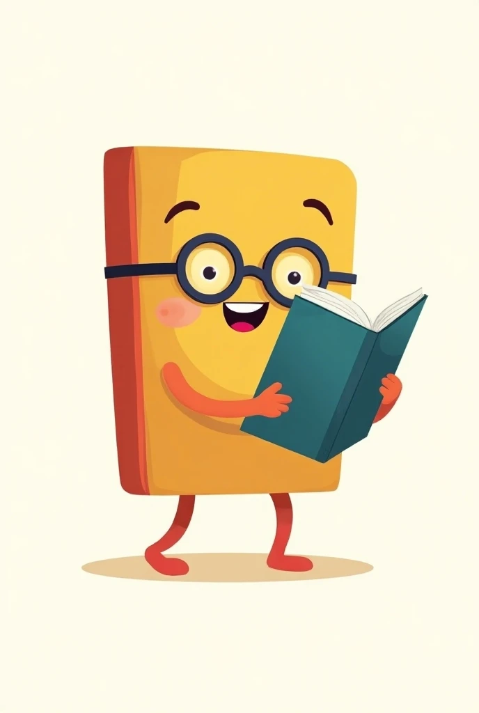 Create a whimsical cartoon-style illustration of an anthropomorphic book with a cheerful, smiling face, wearing round glasses, and happily reading another book. Add playful, simple legs and feet to the character, making it look lively and energetic. Use vibrant and bright colors, smooth lines, and a minimalistic background to ensure the focus remains on the book character. The overall vibe should be fun, charming, and suitable for a quiz-themed profile image.