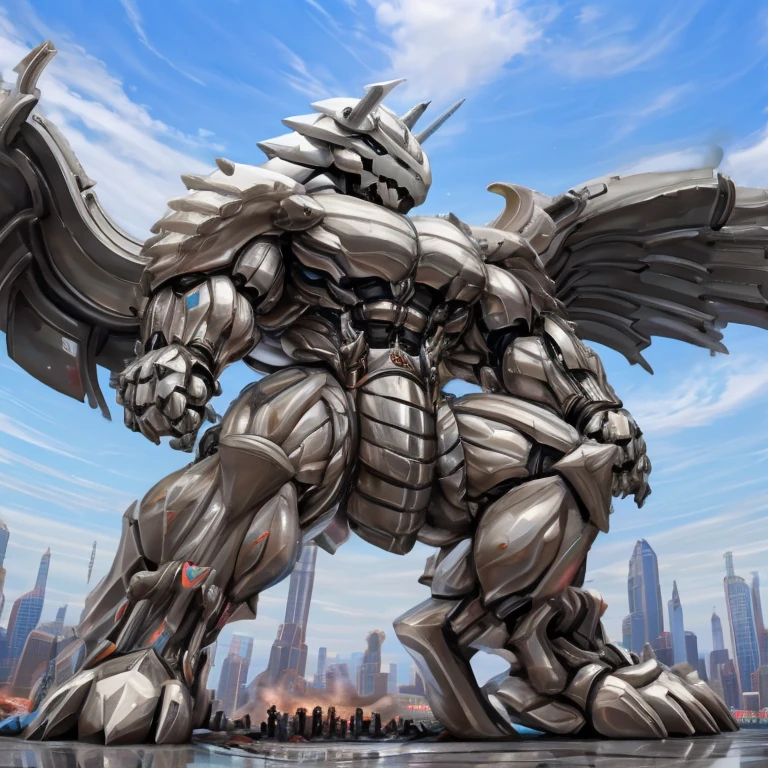 (GIANT mechanical Aggron rampage through a city, crushing buildings beneath their unstoppable metal frames), (official art, 
best quality, highly detailed) (terrifying and imposing design, 
smoke and flames rising from the destruction in the background, a lone figure)
(high-tech bio-mecha armor, metallic, real texture material) (Aggron, 8K), (gigantic muscles, Gigachad Muscular, big muscle, pecs, triceps, traps, unusually developed muscular body, body full of huge muscles. showing off muscles, pectorales enormes, Exaggeratedly huge muscles.),(Spread wings, It has wings, have big wings, golden wings), (whole body shines like metal, Wearing cyberpunk mecha, emphasizes the muscles, suit fully made of metal, intricate armor, Robotic suit, suit fully made of metal, cyborg), (giant Aggron, Aggron's giant robot, Powered exoskeleton with the same design as Aggron), (Masterpiece, highres) (Detailed head, Detailed Body, Detailed abs, full body), (black color hyper penis, hyper black penis), Fight against humanity.(body promoted, seen interacting with its surroundings, as large as a building, in the middle of a city, macro, (Low-angle perspective, emphasizing the immense size))