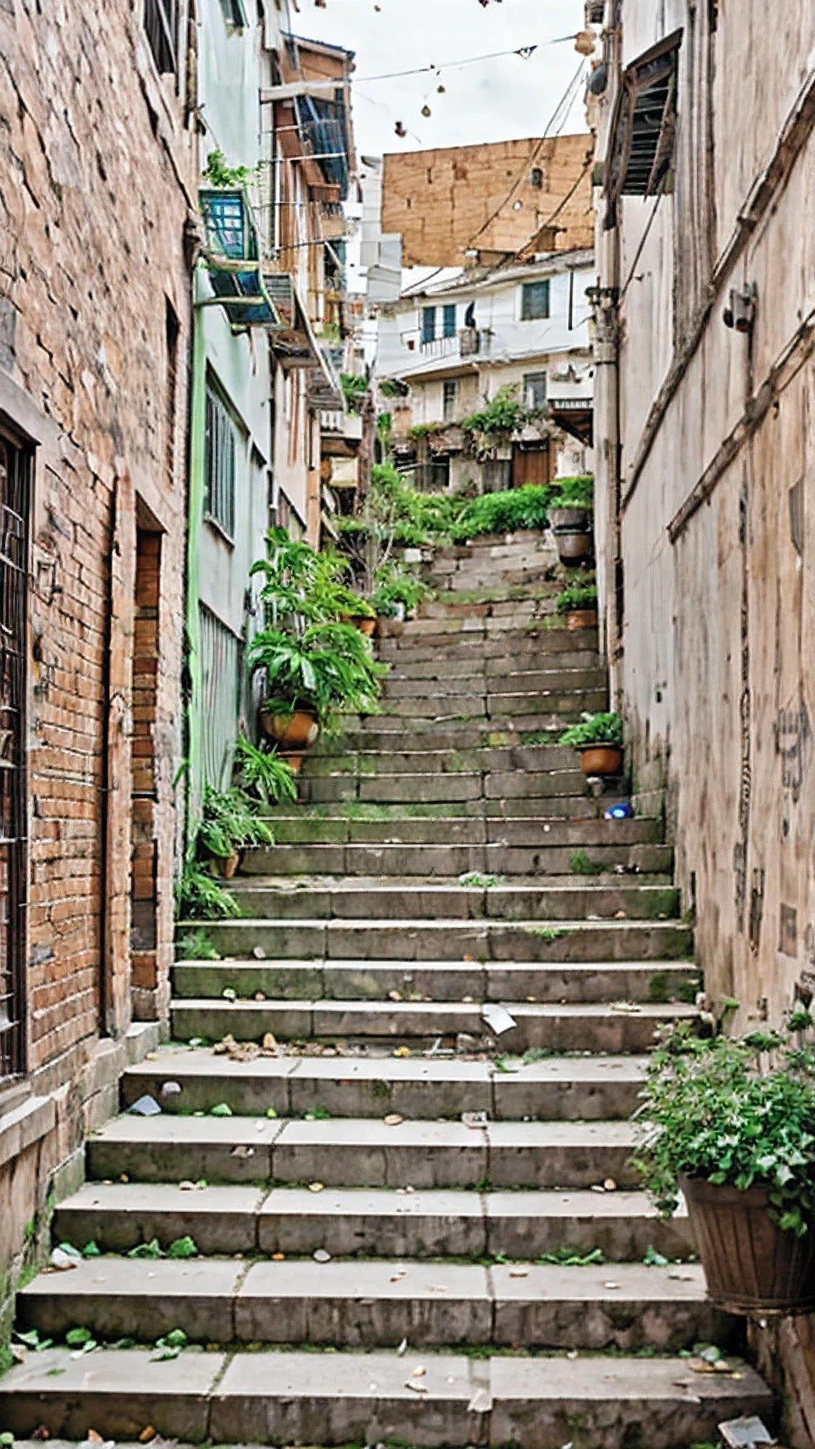 An alley, with stairs, lots of leaves and dust.