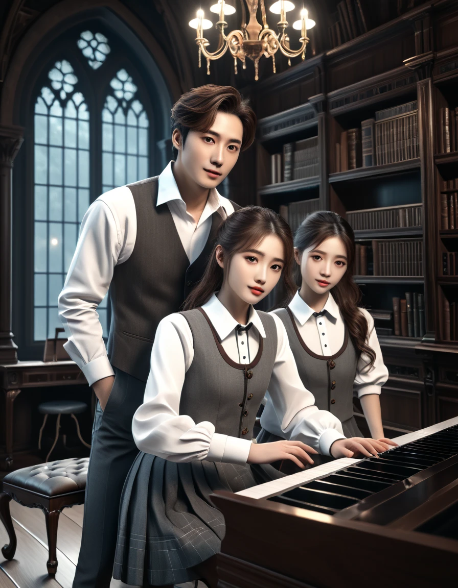 sketch Korean man ((with brown eyes)), Beautiful, brown short hair in a white shirt,  dark gray classic vest , dark gray trousers stands behind the girl and teaches her to play the photopiano tilting his head on the girl's shoulder,.  playing piano in four hands girl sitting meanwhile at the piano with brown long hair and blue eyes,  in a short emerald-colored board against an arafed background. A room with a piano and a window in it , gothic epic library concept, gothic epic library, gothic library, alchemist library , unreal engine render concept art, castle library, dusty library,  unreal fantasy art engine, ancient library, library of ruina concept art, photorealistic dark concept art,  dramatic lighting . concept art, inside a castle library, Старая библиотека photo realistic illustration, hyper realistic illustration, realistic illustration, photorealistic detail , hypper realistic illustration, extreme realistic detail, photorealistic detail ed picture, с unreal engine render concept art, ), Ultra-detailed and beautiful face,( Gentle facial expression :1.1),translucent white skin,(Реалистичный skin texture:1.1), , Bold design , Art design ,Beautiful and detailed pattern, Detailed fabric texture,