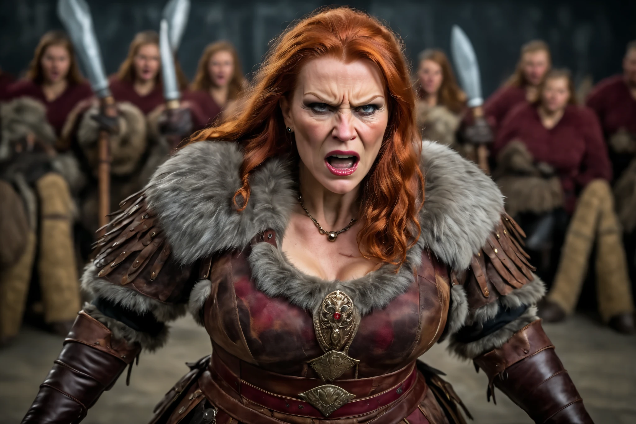 High quality portrayal of a mature redhead woman, sharp facial features, sharp features, hawkish features, ultra-detailed features, ((realistic, photorealistic)), huge breasts, gorgeous goddess body shape, facial expression of rage, war cry, intimidating, bad attitude. Mythical viking nordic warrior, dressed in animal fur apparel, ((cleavage apparel)), detailed nordic costume, ((detailed apparels)). Body with scars, bumps, bruises and detailed features. She is standing, holding a long sharp knife with an intimidating stance. In the blurred background, a loud crowd of women can be seen shouting. ((sharp depth of field), ((intricate detail, detailed textures)), movie still, bright lighting, cinematographic lighting, Global illumination.