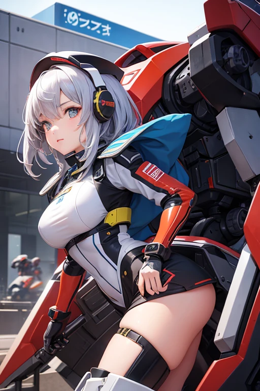 A girl with a school contract piloting a large mechanical robot being piloted by a mecha in a humanoid shape