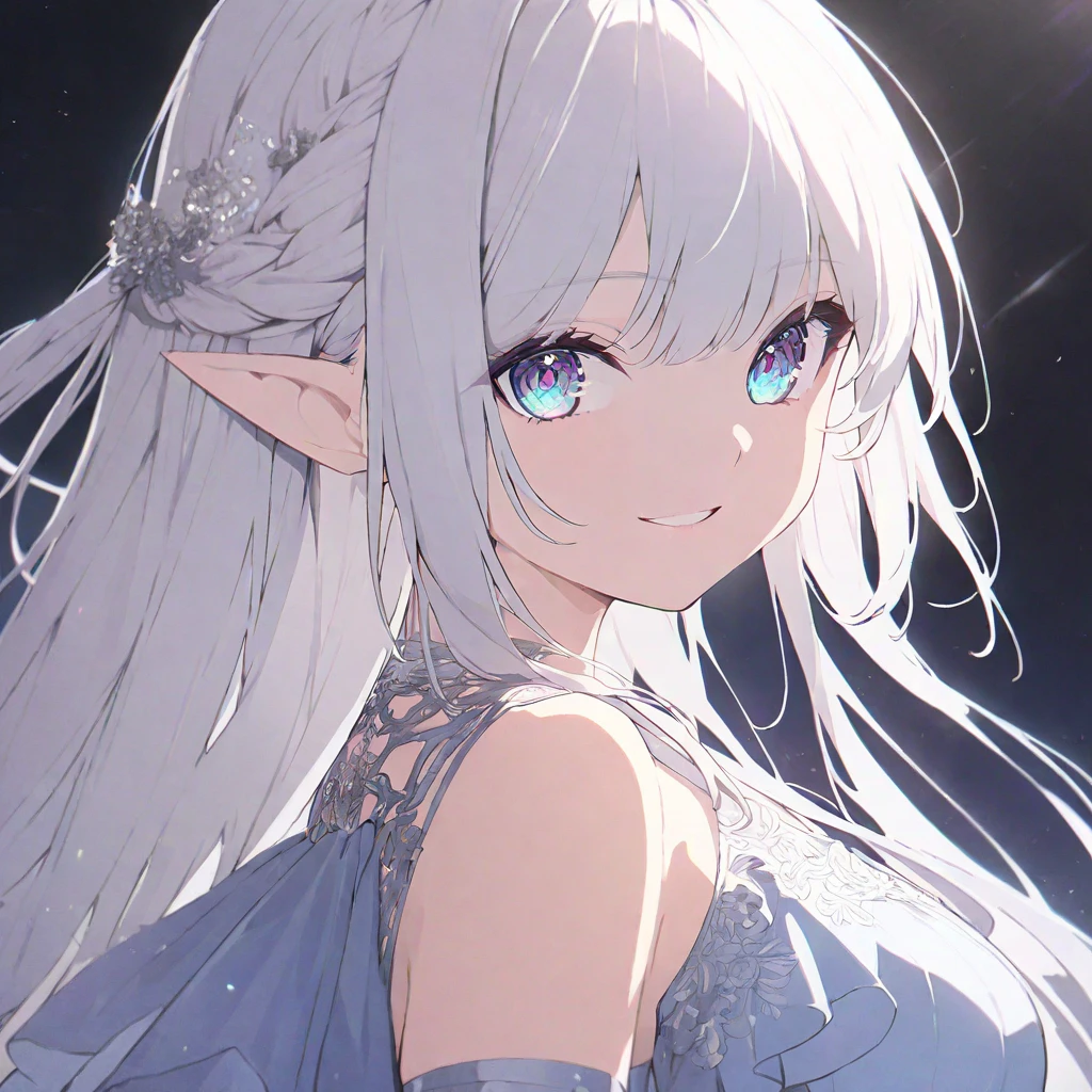 (Must-have items), ( best quality), very detailed eyes, expressive eyes, perfect face, very detailed face, high definition face, Beautiful Girl , 8k, Beautiful Girl , White background, delicate beautiful face and eyes, Dark Shadows,
1 girl, virtual YouTuber style , cool girl , hololive , Shirakami Fubuki, Elf Ears, Blonde, Dark Skin, transparent: evening dresses, Big Breasts , Shoulder cut off , clavicle , Looking Back, smile, (whole body), standing ,