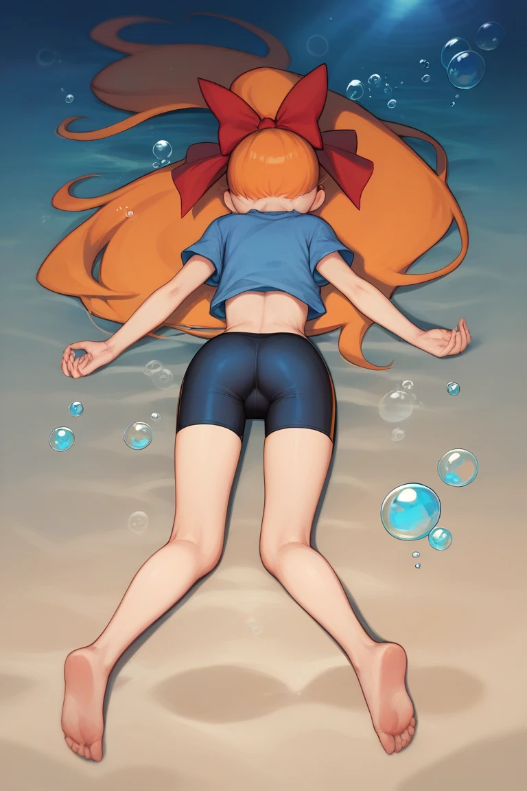 score_9, score_8_up, score_7_up, 1girl, source_anime, (teenage girl) orange hair, ponytail, red bow, very long hair, flat chest, Powerpuff Girls style, navy blue bike shorts, Yellow mini t-shirt ((Diving underwater)), unconscious state, asleep, Arms down, body back turned, Raised butt, Firm legs, dark background, floating unconscious, full body back turned, Lying on blue sand, Lots of air bubbles around the head.