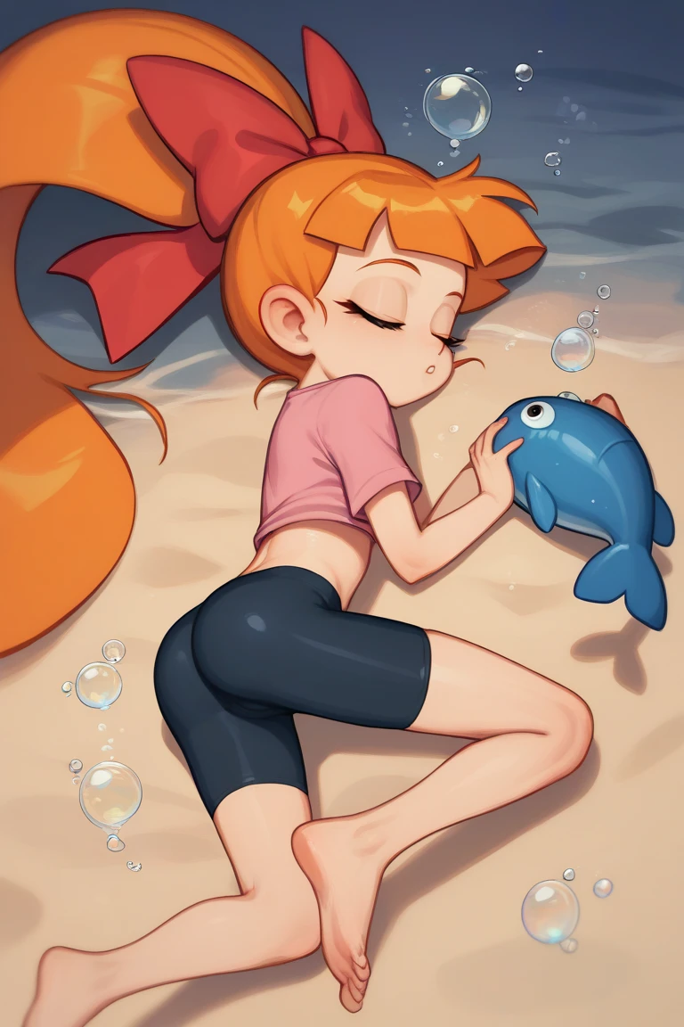 score_9, score_8_up, score_7_up, 1girl, source_anime, (teenage girl) orange hair, ponytail, red bow, very long hair, flat chest, Powerpuff Girls style, navy blue bike shorts, Yellow mini t-shirt ((Diving underwater)), unconscious state, asleep, Arms down, body back turned, Raised butt, Firm legs, dark background, floating unconscious, full body back turned, Lying on blue sand, Lots of air bubbles around the head.