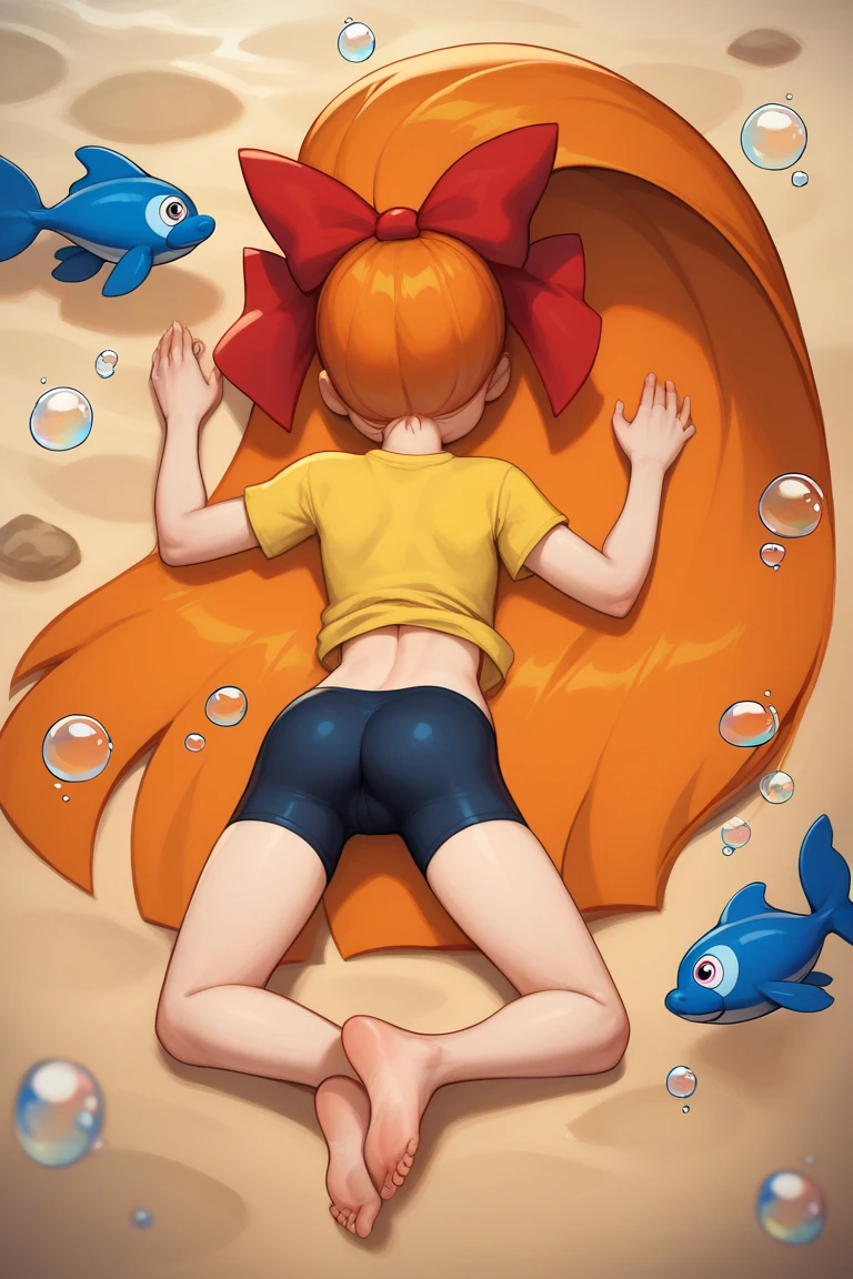 score_9, score_8_up, score_7_up, 1girl, source_anime, (teenage girl) orange hair, ponytail, red bow, very long hair, flat chest, Powerpuff Girls style, navy blue bike shorts, Yellow mini t-shirt ((Diving underwater)), unconscious state, asleep, Arms down, body back turned, Raised butt, Firm legs, dark background, floating unconscious, full body back turned, Lying on blue sand, Lots of air bubbles around the head.