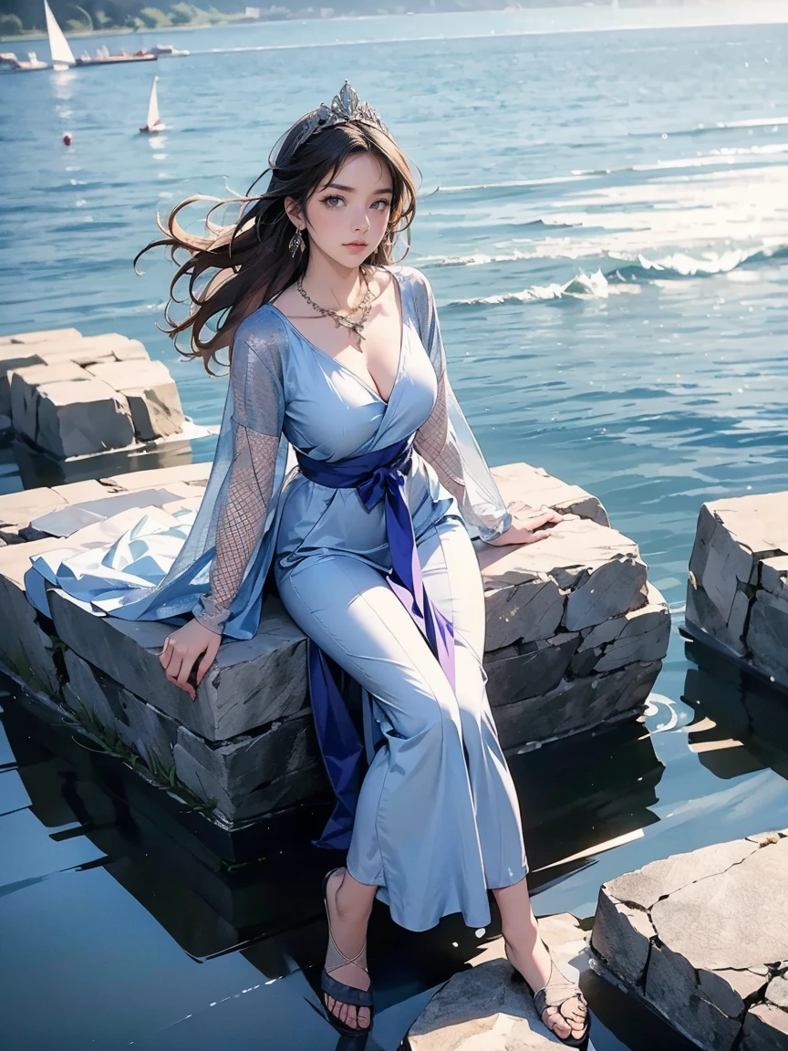 Masterpiece, best quality, official art, 8k wallpaper, very detailed, illustration, woman wearing ancient dress drinking in the fountain at the forest, chinese style, ink, sky blue hair, long hair, detailed eyes, forrest fun, bare shoulders, hanfu, lake, pure, soft smile, bamboo, tea
