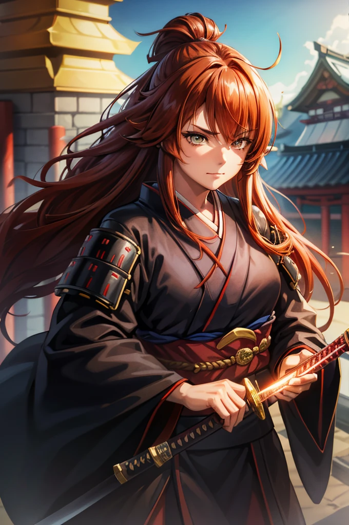 1 girl in armor, intence sirious, closed mouth, (snake pupils:0.7), (golden eyes:1.1), (red hair:1.5), sidelocks, ahoge, hair over one eye, long hair, (brown-skin:1.2), tight waist, (black kimono:1.3), Wearing light armor, wearing katana on waist, japanese old castle in the background, cinematic lighting, cowboy shot, close-up, UHD, retina, masterpiece, accurate, anatomically correct, textured skin, super detail, high details, high quality, award winning, best quality, highres