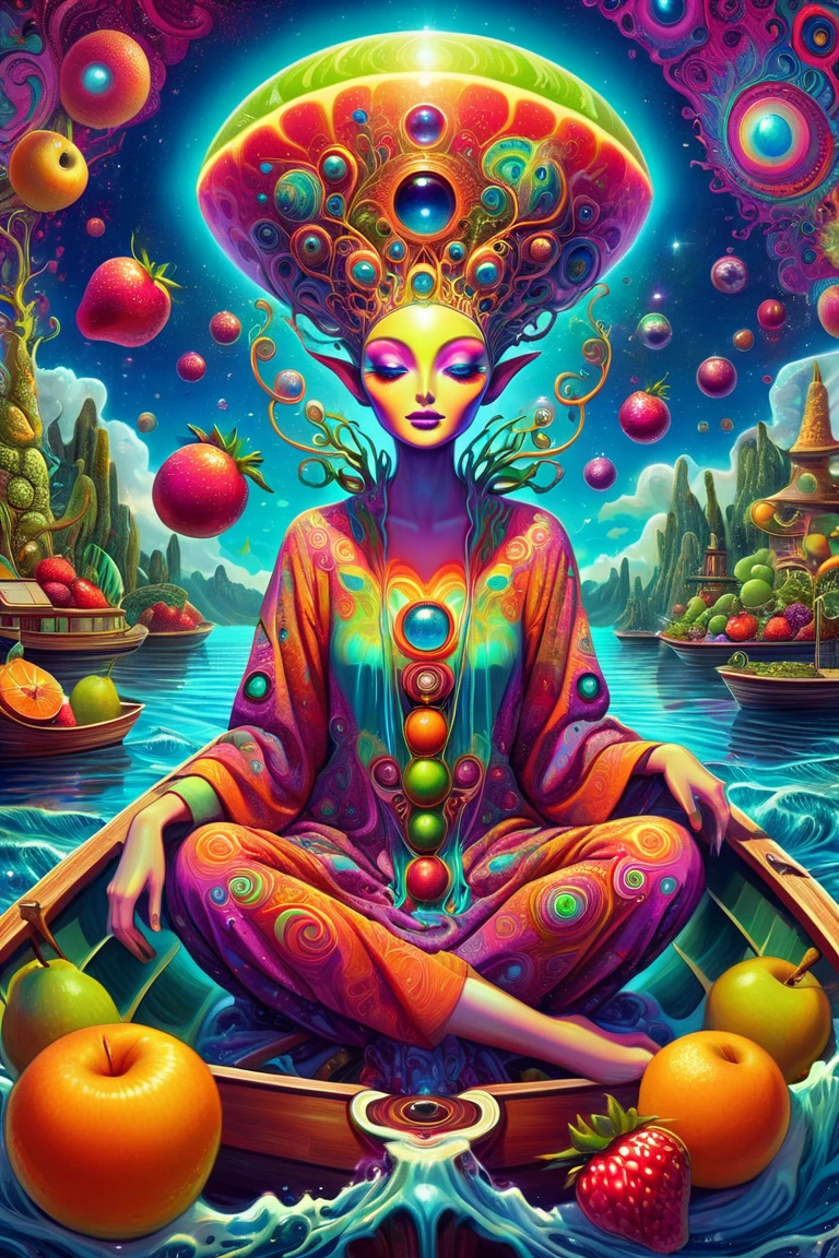  Picture of a Cartoon Alien Sitting on a Boat with Fruit,  Psychedelic Surreal Art , its a deep dream , Trippy Art,  psychetrance artwork ,  Beeple and Jeremiah Kettner ,   Pop Surrealism Robe Art Style ,  by Android Jones Inspired by the painting of a woman with a large head and watch , Chris Dyer, Pop Surrealism Art Style , deep dream , DMT Trip ,  Psychedelic Trippy Visionary Art ,  Surrealism and Fantasy Art