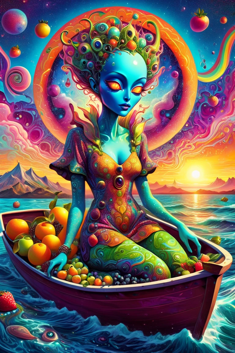  Picture of a Cartoon Alien Sitting on a Boat with Fruit,  Psychedelic Surreal Art , its a deep dream , Trippy Art,  psychetrance artwork ,  Beeple and Jeremiah Kettner ,   Pop Surrealism Robe Art Style ,  by Android Jones Inspired by the painting of a woman with a large head and watch , Chris Dyer, Pop Surrealism Art Style , deep dream , DMT Trip ,  Psychedelic Trippy Visionary Art ,  Surrealism and Fantasy Art