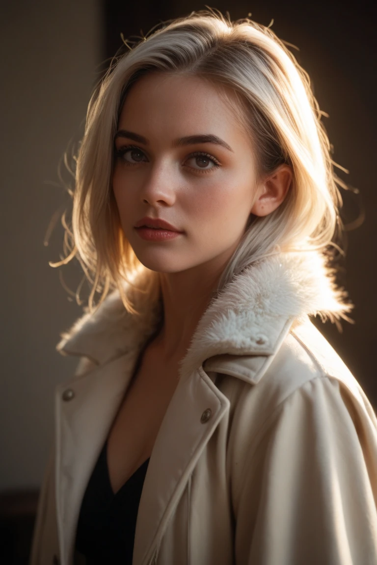 Instagram Photos, French woman, 21 years old, square hair cut,White fur, Tweed jacket, Neckline, pale, Sharp Shadow,whole body,Pure white background,White background