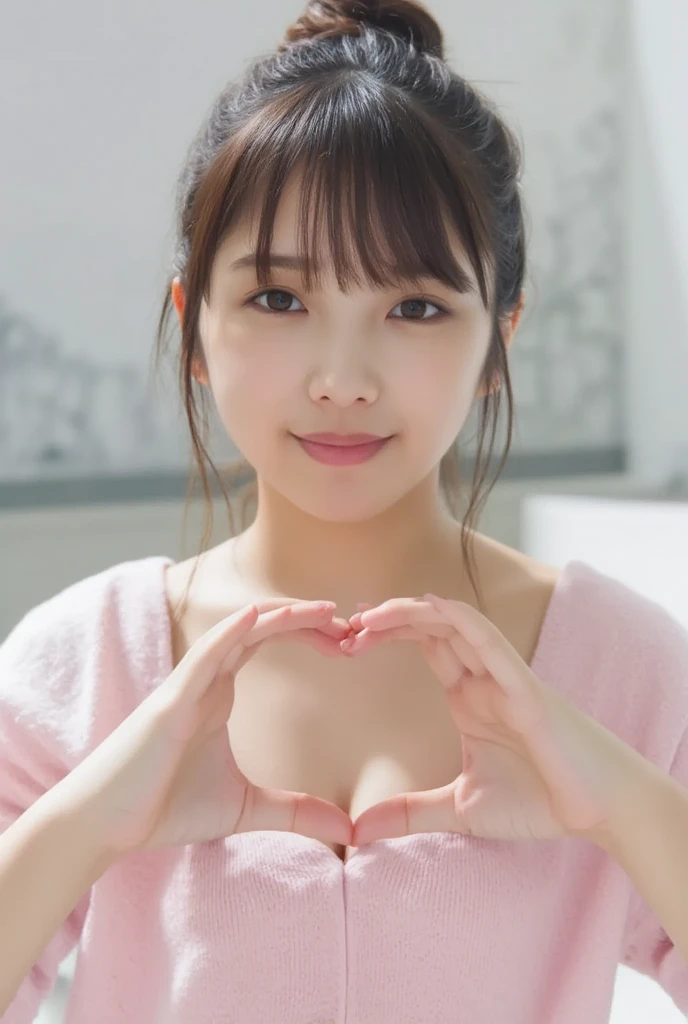 Only one woman with a cute smile wears cute, fluffy off-shoulder pajamas, makes a big heart shape with both hands, and poses them in front of her chest, View above collarbone、The background is a monotone 、
