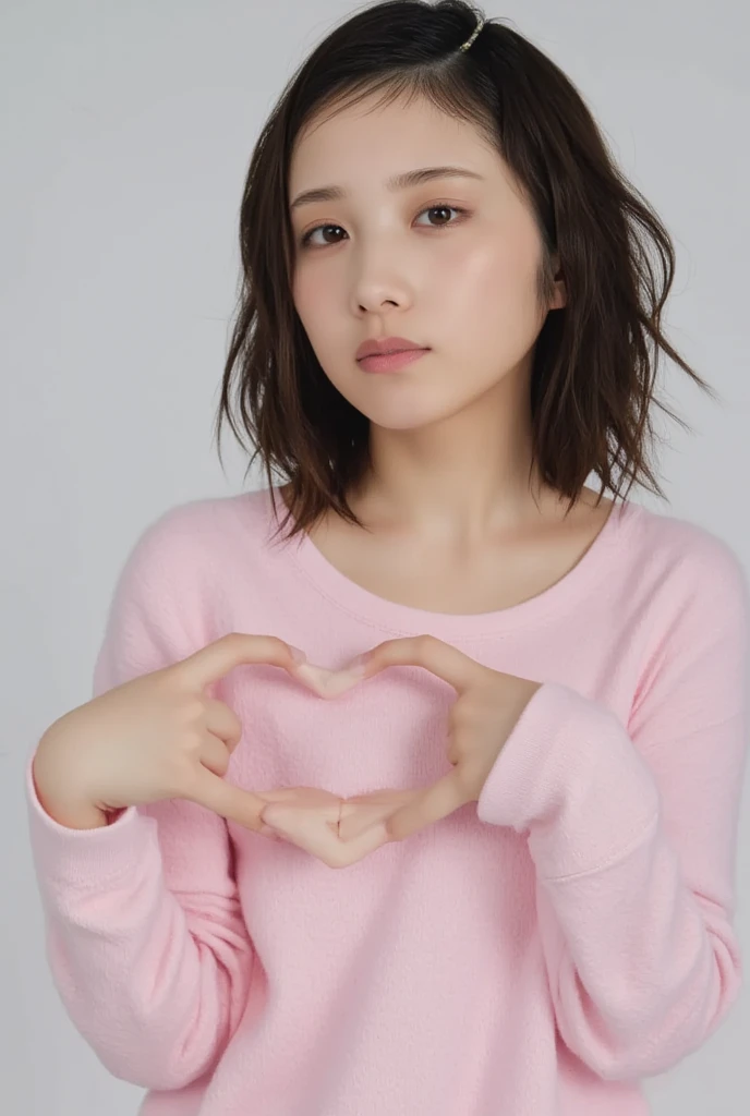 Only one woman with a cute smile wears cute, fluffy off-shoulder pajamas, makes a big heart shape with both hands, and poses them in front of her chest, View above collarbone、The background is a monotone 、
