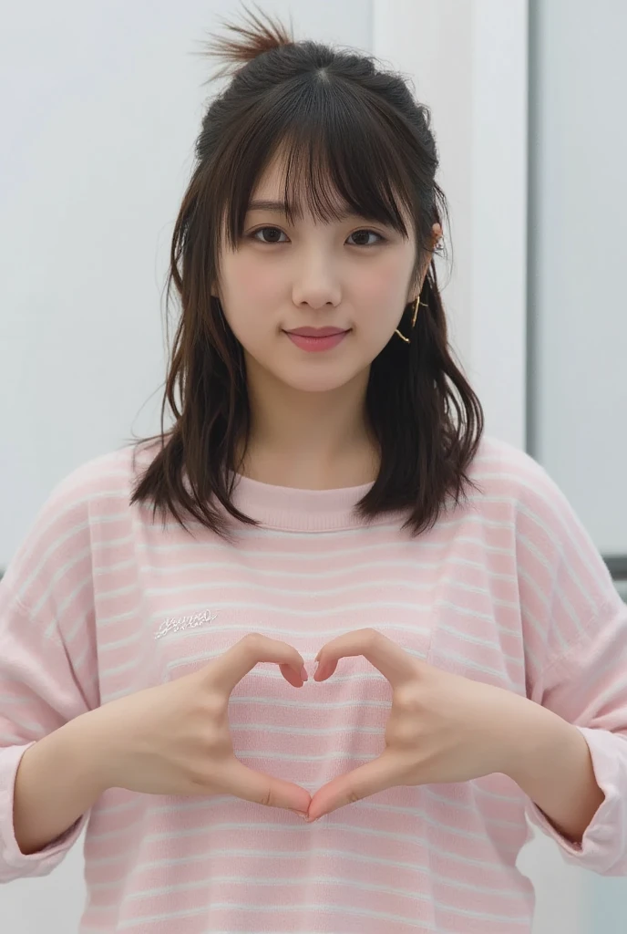 Only one woman with a cute smile wears cute, fluffy off-shoulder pajamas, makes a big heart shape with both hands, and poses them in front of her chest, View above collarbone、The background is a monotone 、
