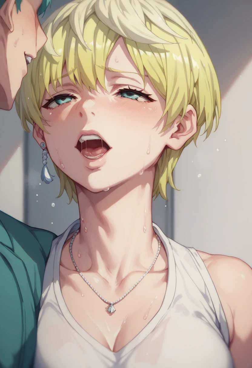 masterpiece, best quality,1girl, Tenka Izumo, white skin color , blonde hair , short hair , upper body,Sweat,sex