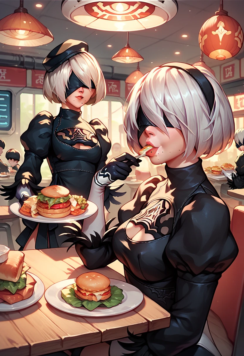 2 girls, futuristic laboratory, white hair, looking at viewer, black blindfold, black dress, 2B, NieR Automata, eating tacos, Mexican hat, Mexican restaurant