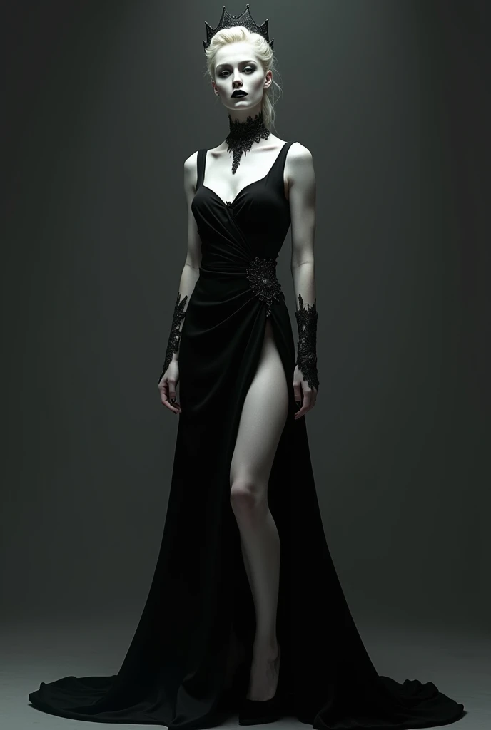 white-skinned woman wearing black makeup wearing long black dress with slit in the leg with black heels