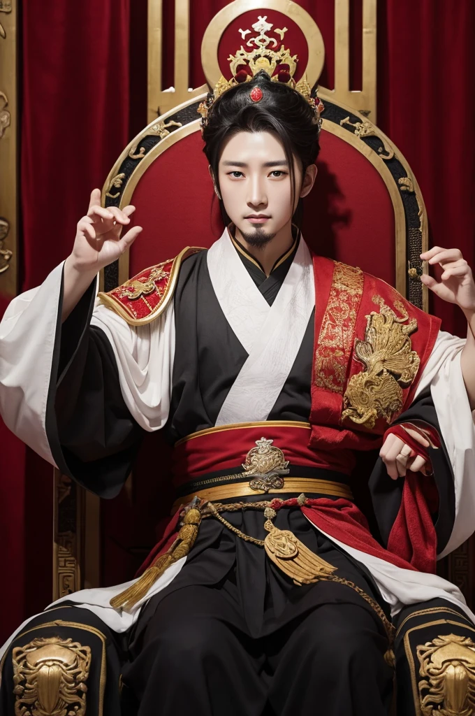 Young Korean King with crown short hair, black dress, sitting in his chair with two bats on each shoulder. realism