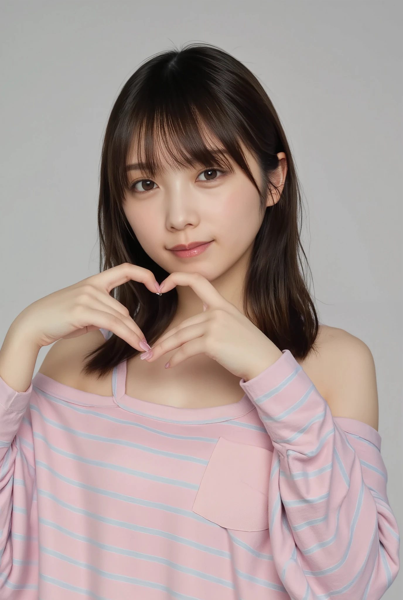 Only one woman with a cute smile wears cute, fluffy off-shoulder pajamas, makes a big heart shape with both hands, and poses them in front of her chest, View above collarbone、The background is a monotone 、
