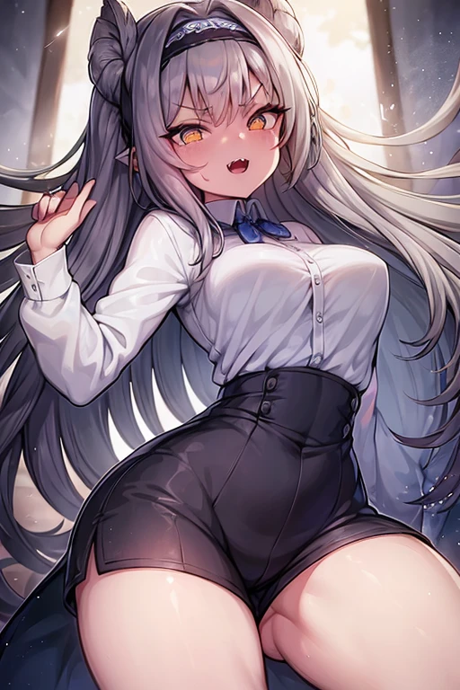 Female, long silver straight hair, blue eyes, light gray long-sleeved shirt tied in front, black shorts, fangs, headband on forehead, small waist, busty, stoic expression, pale skin