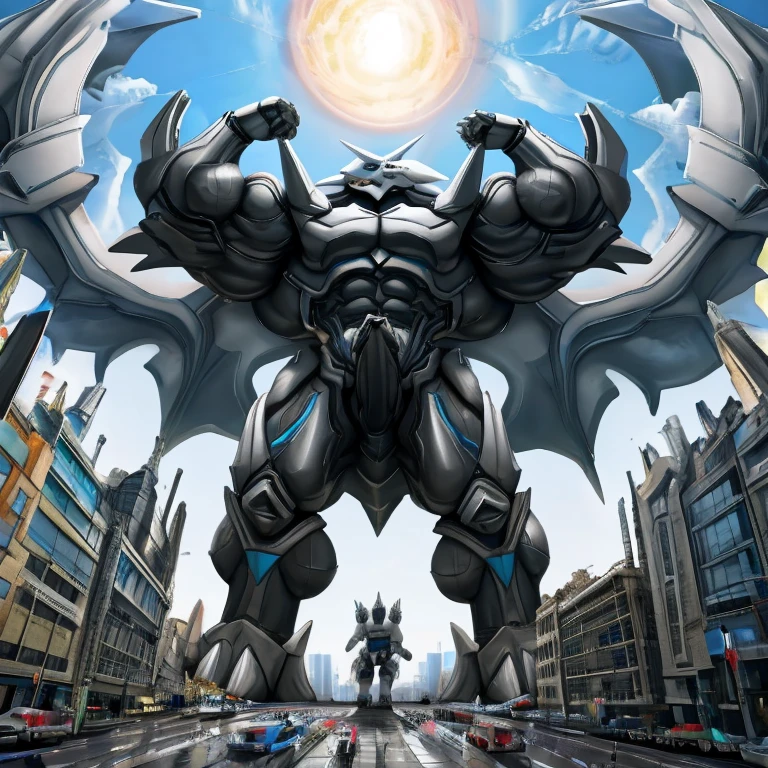 (GIANT mechanical Aggron rampage through a city, crushing buildings beneath their unstoppable metal frames), (official art, 
best quality, highly detailed) (terrifying and imposing design, 
smoke and flames rising from the destruction in the background, a lone figure)
(high-tech bio-mecha armor, metallic, real texture material) (Aggron, 8K), (gigantic muscles, Gigachad Muscular, big muscle, pecs, triceps, traps, unusually developed muscular body, body full of huge muscles. showing off muscles, pectorales enormes, Exaggeratedly huge muscles.),(Spread wings, It has wings, have big wings, golden wings), (whole body shines like metal, Wearing cyberpunk mecha, emphasizes the muscles, suit fully made of metal, intricate armor, Robotic suit, suit fully made of metal, cyborg), (giant Aggron, Aggron's giant robot, Powered exoskeleton with the same design as Aggron), (Masterpiece, highres) (Detailed head, Detailed Body, Detailed abs, full body), (black color hyper penis, hyper black penis), Fight against humanity.(body promoted, seen interacting with its surroundings, as large as a building, in the middle of a city, macro, (Low-angle perspective, emphasizing the immense size))