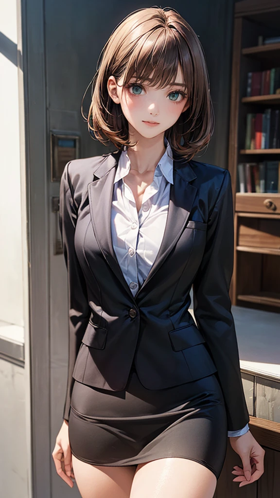 a woman nostalgic for the past, an old storeroom with a broken window in the park, suit, pencil-skirt, tiny earrings, drooping eyes, realistic skin, downtown, trees, old fences and shelfs, look at the sunset from the window, ((blush, round face, eyes with realistic sizing, blush, shame smile, thin lips, spread legs)), (((standing and standing the table corner to hit her crotch for self pleasure))), open mouth, (detailed panties)