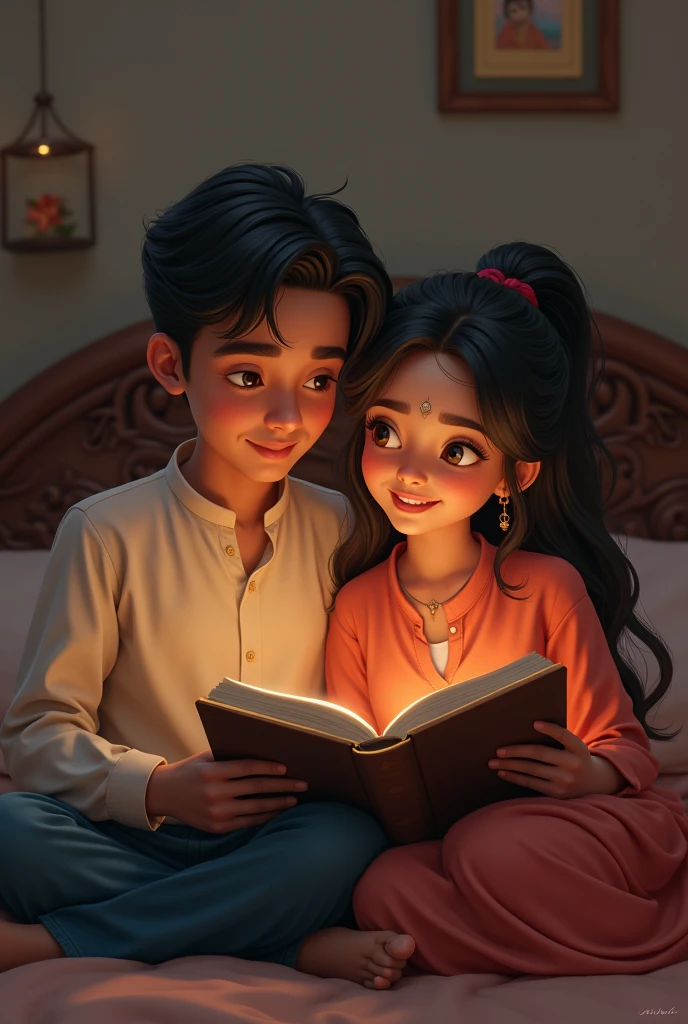 indian 40 year old chubby woman wears tight pink colour gown, lying on bed, reading a magazine, and 18 year boy wears tshirt and short, lying alongside the woman on bed,  hugged the woman and  seeing the magazine.