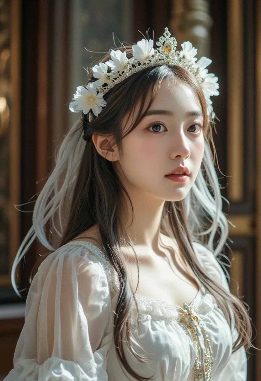 a colossal breast, twin tails, silver hair, priestess, side view, saint, highly detailed, 8k, photorealistic, hyper realistic, intricate details, volumetric lighting, cinematic lighting, dramatic lighting, chiaroscuro, dramatic contrast, baroque, renaissance, dramatic composition, oil painting