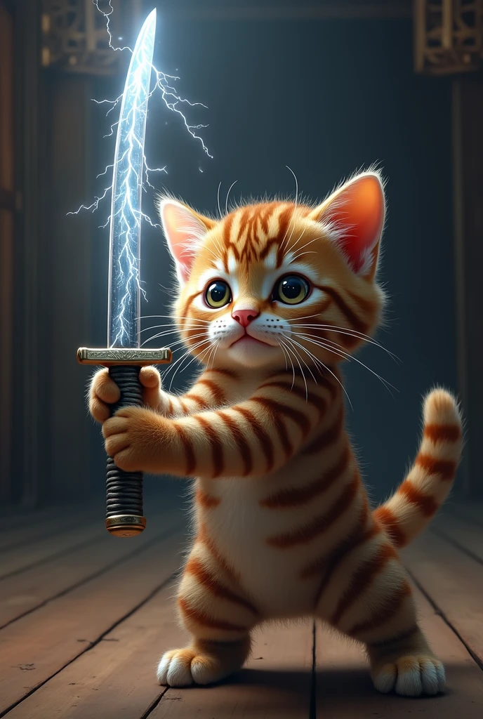 The cutest brown tiger pattern kitten in the world holds a sword pattern made of lightning and swings it straight down、((Realistic:1.3))、Dark Kendo Dojo 