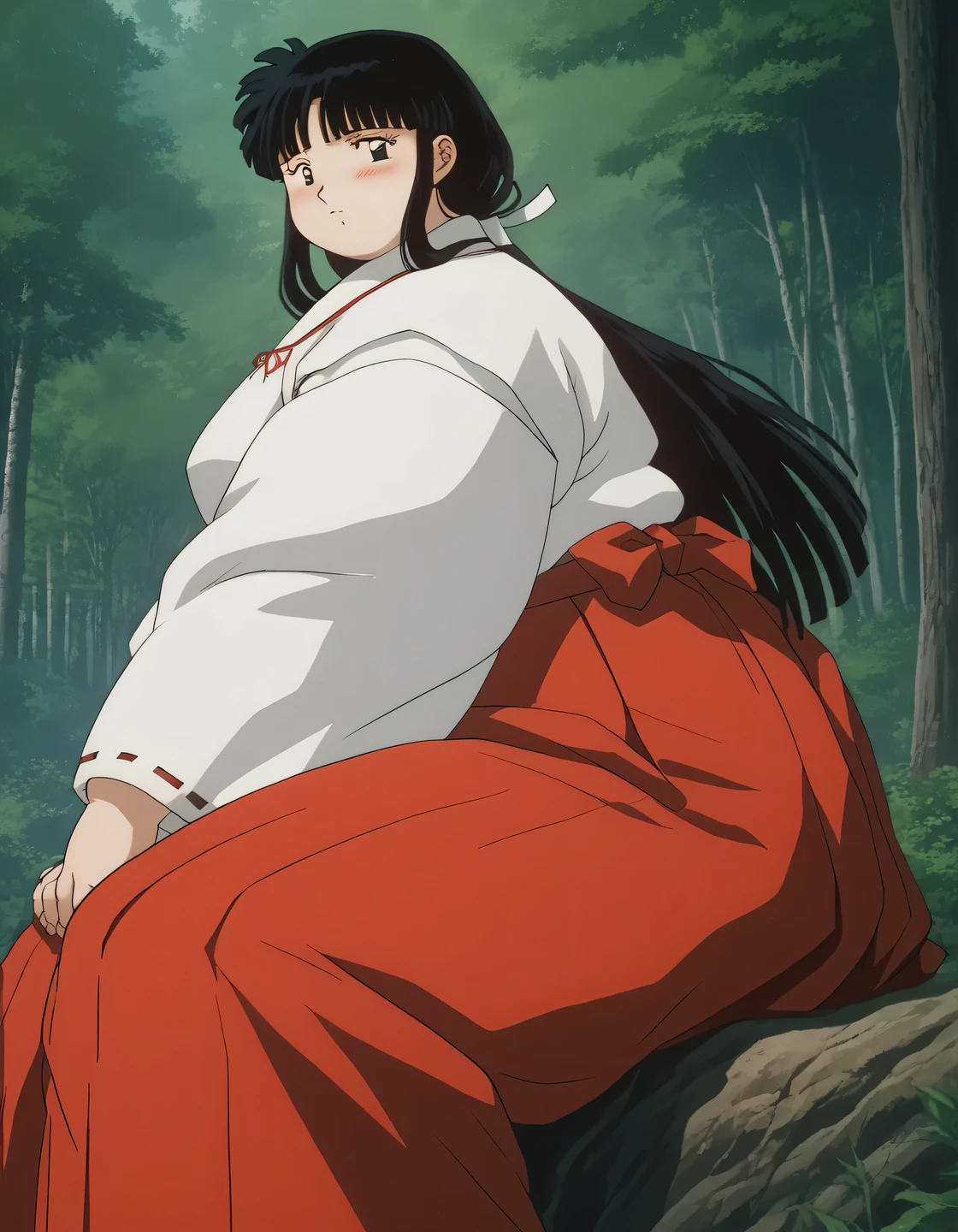 score_9, score_8_up, score_7_up, source_anime,
Kikyou, long hair, black hair, retro artstyle, black eyes, blush,
 skirt, long sleeves, japanese clothes, hakama, hakama skirt, miko, red hakama, 
outdoors, forest, nature,
looking at viewer,  fat, chubby, obese, gigantic arms and legs,   perfect quality, detailed face, sitting, side view