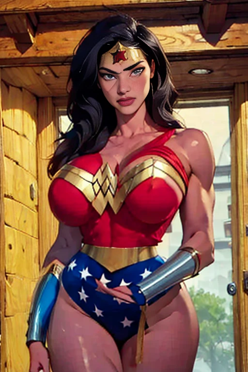 (High-definition CG), (  best quality ), (High-definition CG), (  best quality ), (Overall view)  cool and handsome face with a beard  ,   Wonder Woman Costume  ,     beautiful and sexy young woman , 18 years old,      Toned and Muscular    ,  with a cool and handsome face   ,  sharp eye, Big Breasts, 