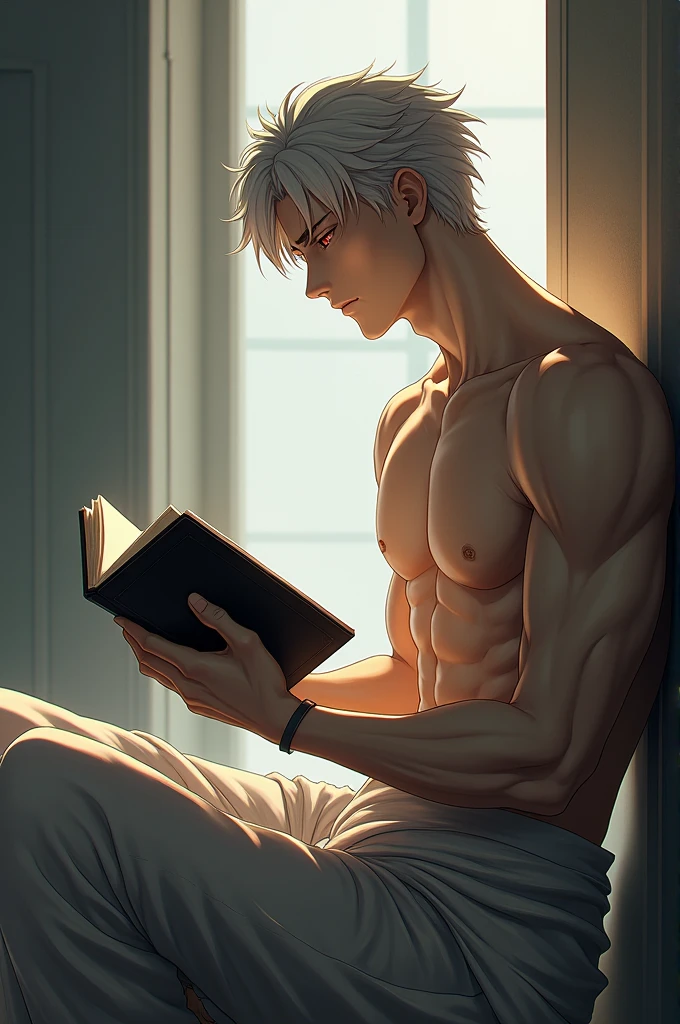 1boy, adult, handsome, perfect face, detailed eyes and face, clean shaved, muscular, capturing a rural atmosphere, dynamic lighting, unreal engine 5, hd picture, satoru gojo, white hair, short hair ,hair between eyes ,blue eyes, Right hand holds a coffee cup, left hand holding a book