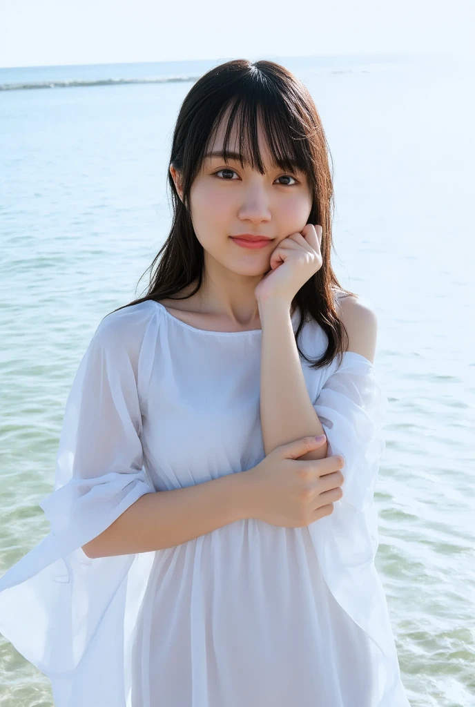 Only one woman with a cute smile wears cute, fluffy off-shoulder pajamas, makes a big heart shape with both hands, and poses them in front of her chest, View above collarbone、The background is a monotone 、
