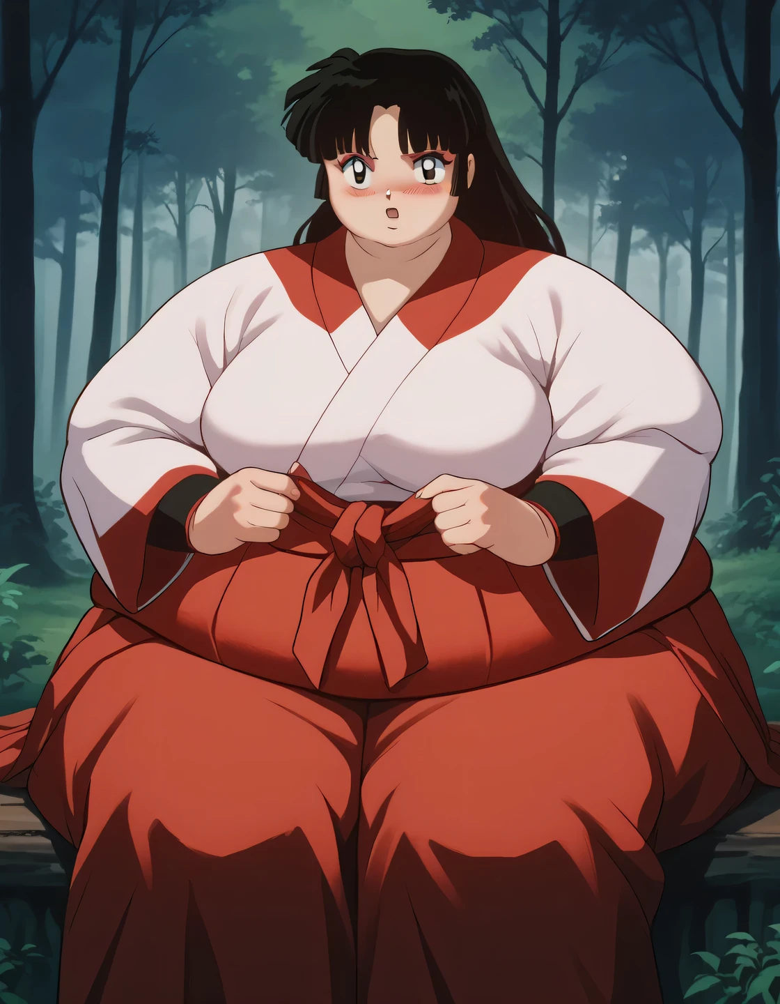 score_9, score_8_up, score_7_up, source_anime,
Sango, long hair, black hair, retro artstyle, brown eyes,  open mouth,
, skirt, long sleeves, japanese clothes, hakama, hakama skirt, miko, red hakama, 
outdoors, forest, nature,
looking at viewer,  fat, chubby, obese, gigantic arms and legs,  sitting, blush, detailed face, perfect quality