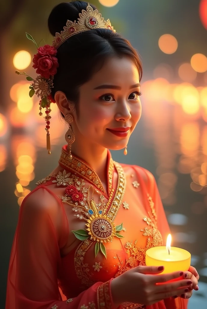 Beautiful girl perfectly wearing Thai costumes, charming faces. Loi Krathong is one of the most charming Thai traditions in Thailand. It is usually held in November during the full moon day of the twelfth lunar month. It is a beautiful event that symbolizes the end of the rainy season and is a time when Thai people pay respect to the Goddess of Water, the Goddess of Water.During this enchanting festival, the night sky is illuminated with countless floating lanterns, each carrying the hopes and prayers of those who release them. Families gather by rivers and lakes, crafting delicate krathongs—small, lotus-shaped rafts made from banana leaves, flowers, and candles. As they set their krathongs adrift, they make wishes for good fortune, love, and happiness in the coming year. The atmosphere is filled with laughter and joy, as traditional music and dance performances echo through the air. Young women, adorned in exquisite traditional attire, gracefully dance to celebrate the occasion, showcasing the rich cultural heritage of Thailand. The shimmering waters reflect the glow of the candles, creating a mesmerizing spectacle that captivates the hearts of all who witness it. Loi Krathong is not just a visual feast; it is also a time for reflection and gratitude. People take a moment to express their appreciation for the water that sustains their lives, acknowledging its importance in their daily existence. This beautiful tradition fosters a deep connection to nature and a sense of community, as friends and families come together to share in the festivities. As the night unfolds, the sight of thousands of krathongs floating away serves as a reminder of the beauty of letting go—releasing past grievances and welcoming new beginnings. Loi Krathong is a celebration of light, love, and the enduring spirit of the Thai people, making it a truly unforgettable experience for both locals and visitors alike.