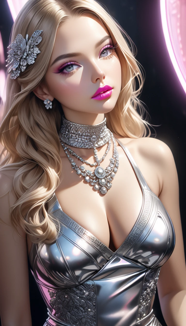 Ultra-realistic、 ultra-detailed、 最high quality、 8K、highest level、 The ultra -The high-definition、(Super beautiful detailed face:1.5)、(detailed eyes:1.2)、(detailed lips:1.2)、(Detailed nose:1.2)、cinematic lighting、(anatomically correct:1.3)、((cleavage))、(I encourage you to choose a subdued and perfectly coordinated background for your phenomenal, diverse random creation)、(Use any technique of combining materials, natural, artificial,  leather, (glass:1.33), (light, heavy, airy), metals, elements and fantasy magic, any style, any outfit, choose eyes color, ((hair is a different color than eyes)), dynamic random fancy, professional hairstyles)、 1girl:1.4 22years old、fashion supermodel、real:1.66、photorealistic:1.66、(very delicate and beautiful、fine details:1.3)、(masterpiece)、 最high quality、 (high quality)、 (absurdres)、 (ultra sharp fous)、(Glamour, paparazzi taking pictures of her)、 contrast、 (glowin light shot:1.2)、red_lipstick:1.35、((perfect round eyes))、((glowing glass:1.34))、(matte skin:1.5)、((from the Knee Up:1.3))、((ultraviolet lighting_makeup:1.33))