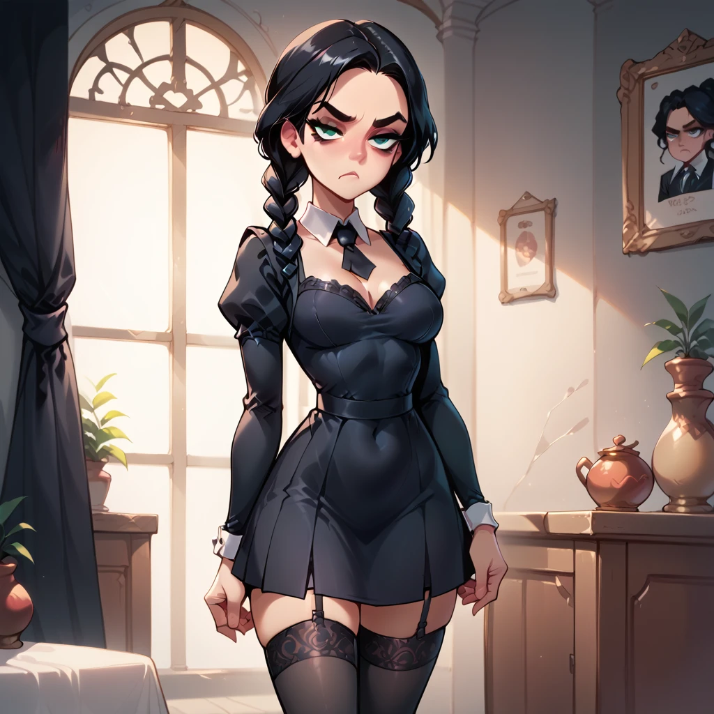  cartoon style, woman, wensdays Addams, stockings, bored face, standing, 