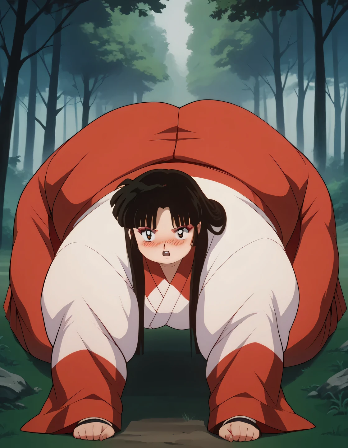 score_9, score_8_up, score_7_up, source_anime,
Sango, long hair, black hair, retro artstyle, brown eyes,  open mouth,
, skirt, long sleeves, japanese clothes, hakama, hakama skirt, miko, red hakama, 
outdoors, forest, nature,
looking at viewer,  fat, chubby, obese, gigantic arms and legs,  all on fours, blush, detailed face, perfect quality