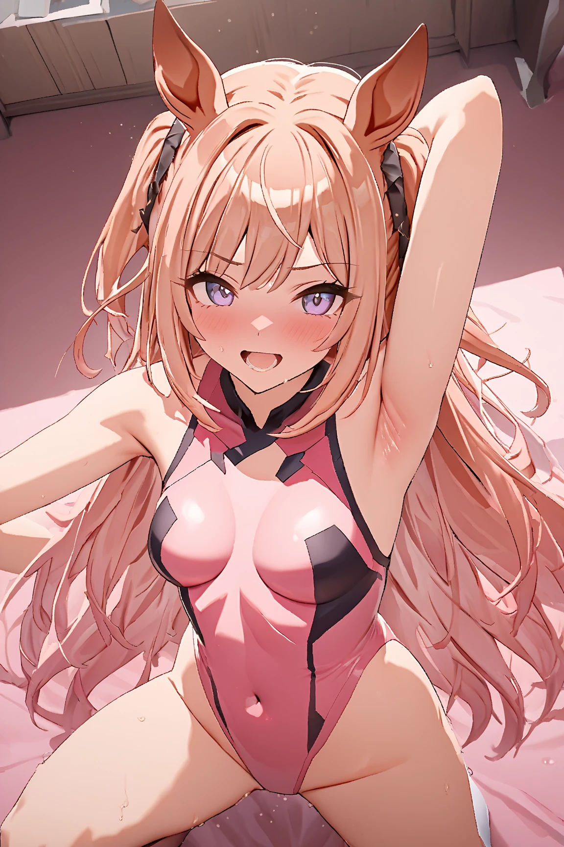 ((masterpiece, best quality)), high definition ,Super detailed,8k,16k,  one girl , espoir_city\(Uma Musume\) (( Light pink leotards )), (( high leg))  Sweaty body,  obscene sound effect , Japanese Moans, (squat), ( pink room )Blonde,  princess cut, Make your armpits look bigger, Horse ears, 