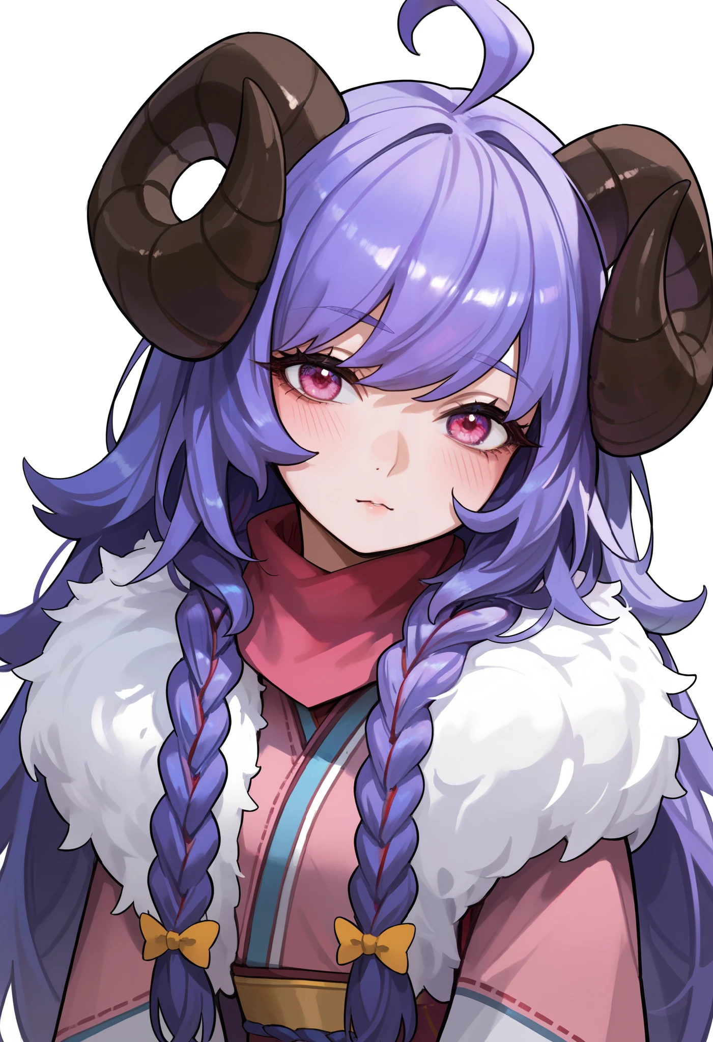 Masterpiece, anime, 1girl, Sbkin, sheep girl, long hair, purple hair, braids, curved horns, pink eyes, ahoge, japanese clothes, scarf, fur trim, upper body, leaning forward, neutral, serene, head tilt, white background, simple background, score_9, score_8_up, score_7_up, unaestheticXL_bp5