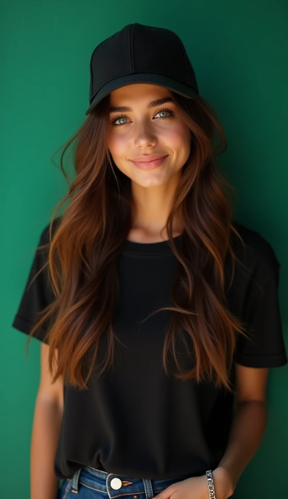 An American woman with long wavy hair wearing a beige T-shirt and a baseball cap.