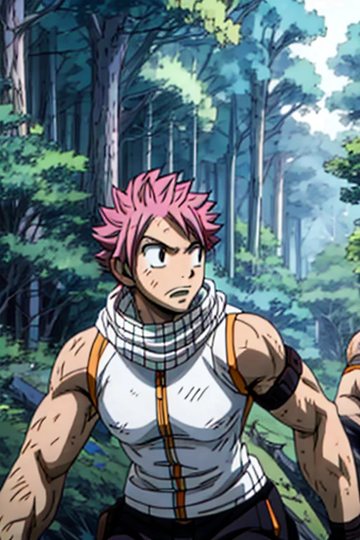 Muscular Natsu and Lucy both training in sportswear in the woods  