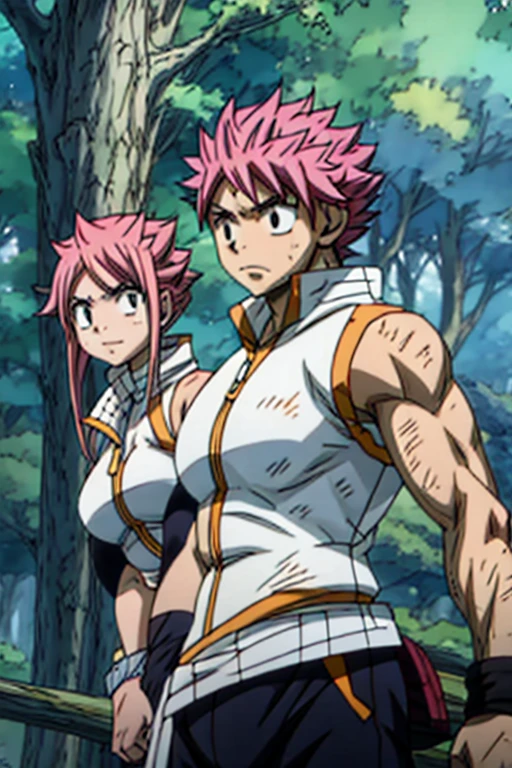 Muscular Natsu and Lucy both training in sportswear in the woods  