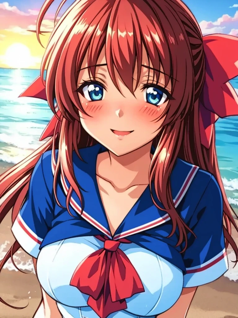 Anime illustration, Kanzaki_Aoi, Alone, One girl, Long Hair, Brown Hair, red hair ribbon, blue eyes, marine sailor, smile, blush, beach, sunset,