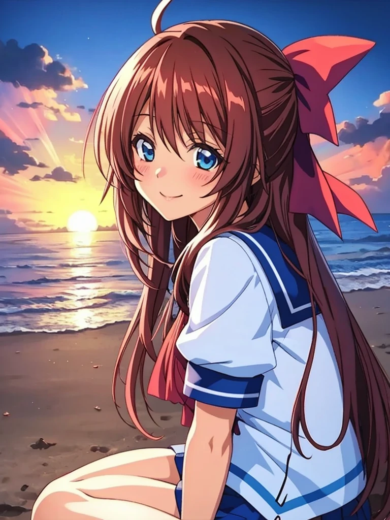 Anime illustration, Kanzaki_Aoi, Alone, One girl, Long Hair, Brown Hair, red hair ribbon, blue eyes, marine sailor, smile, blush, beach, sunset,