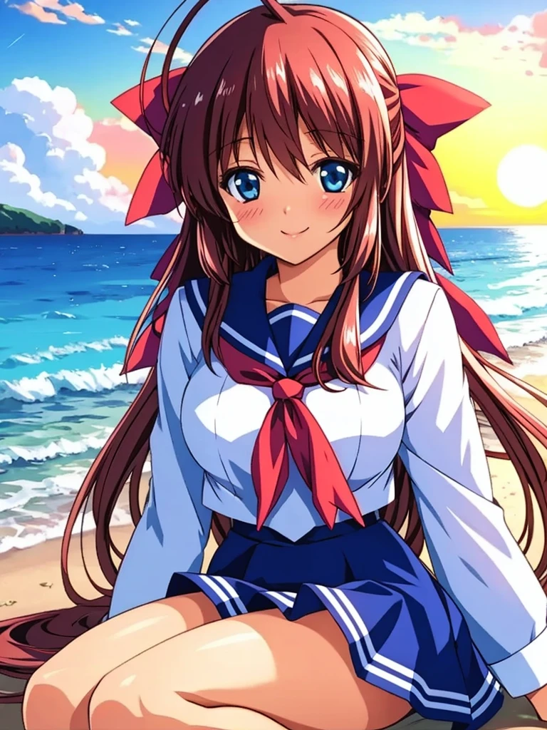 Anime illustration, Kanzaki_Aoi, Alone, One girl, Long Hair, Brown Hair, red hair ribbon, blue eyes, marine sailor, smile, blush, beach, sunset,