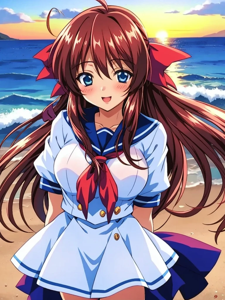 Anime illustration, Kanzaki_Aoi, Alone, One girl, Long Hair, Brown Hair, red hair ribbon, blue eyes, marine sailor, smile, blush, beach, sunset,