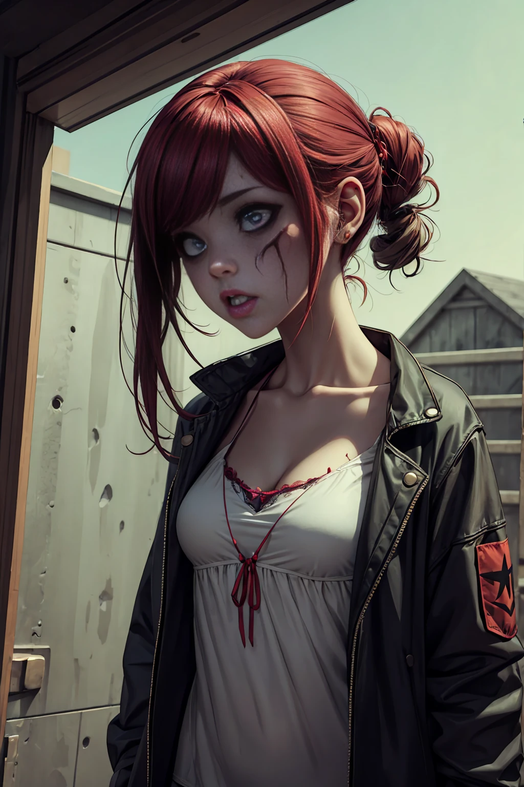 Lone woman, red hair, green eyes, scared, zombie apocalypse, tattered clothing,